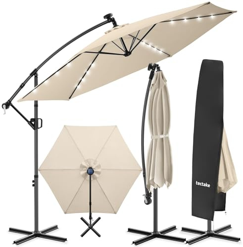 tectake® Parasoll med 360° vridbar, 3x3 m med stor skuggyta, uv-skydd 50+, vattenavvisande tyg, solcellsdriven led-belysning, justerbar lutning, stabil stålkonstruktion, skyddsöverdrag ingår - Beige