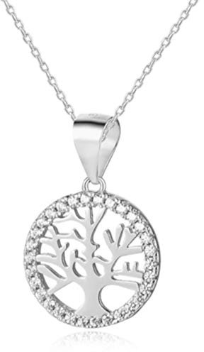 Sterling silver CZ livets träd keltisk klar sten hänge halsband med 18 cm silverkedja och smycken presentförpackning. Kvinnor Yggdrasil Crann Bethadh gåva med silverkedja.
