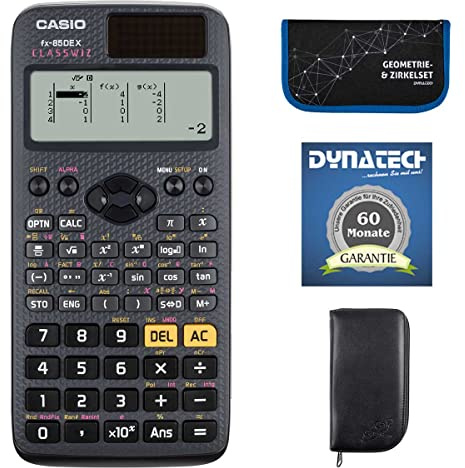 DynaTech Taschenrechner-Set Taschenrechner Casio FX-85 DE X mit schwarzer Schutztasche kompatibel mit FX-85 DE X im Set mit Zirkelset in blau und Garantieverlängerung