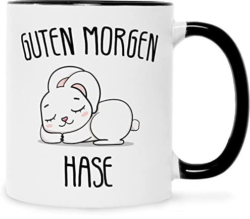 Bedruckte Tasse mit Motiv - Guten Morgen Hase - Tasse mit niedlichem Häschenen Kaninchen - Geschenk für Partner Freunde zum Geburtstag Valentinstag Weihnachten - Für Sie & Ihn - Farbe: Schwarz & Weiß