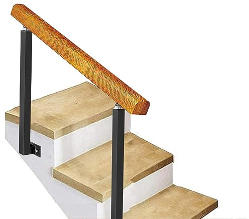 Corrimano a 3 gradini per montaggio laterale su gradino esterno, ringhiera per scale in ferro battuto nero Asta di supporto di sicurezza antiscivolo Corrimano in legno con 2 picchetti regolabili ( Col