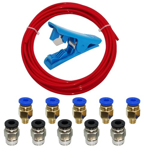 PTFE-Schlauch 5 m, CESFONJER roter Teflonschlauch mit 1 Stück Schlauchverschraubungsschneider und 5 Stück PC4-M6 und 5 Stück PC4-M10 für PTFE-Rohr-Steckverschraubung, 1,75 mm Filament, 3D-Drucker