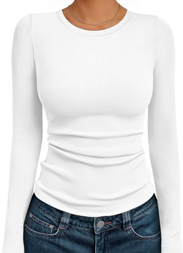 AUTOMET Women's Ribbed Long Sleeve Basic Top - Soft Stretch Crewneck Shirt for Work & Casual White S