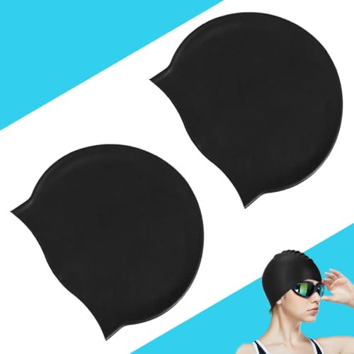 Hochwertige Silikon Badekappe Ripstop-Beschichtung für Komfort und Rutschfestigkeit Swimming Cap，Bademütze für langes Haar und für Damen, Herren，2 Stück Set（Schwarz）