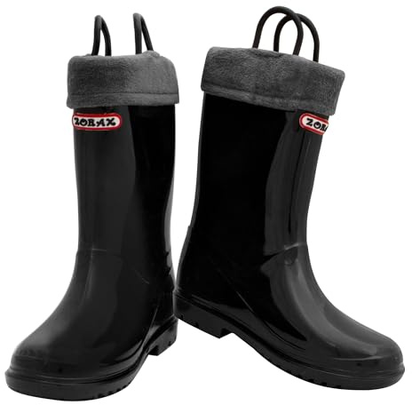 Zorax - UK 1 Adult - EU32 - Black Girls Boys Waterproof Kids Handle Rain Boots with Removable Warm Lining Child Shoes Wellies Unisex Toddler Wellington Boots