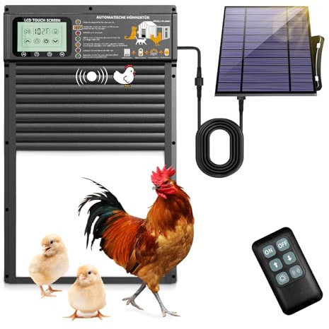 XRDZYXGS Wasserdichte Automatische Hühnerklappe mit Solarbetrieb, Radarsensor, Timer und Lichtsensor, großes Display und Fernbedienung (Schwarz)