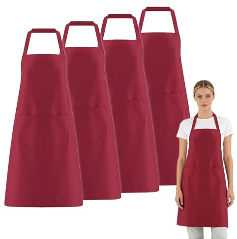 FUIPVGI 4 Pezzi Cuoco Grembiule Unisex Grembiule da Barbecue, Grembiule Pittura, Grembiule Cucina con 2 Tasche per Cucinare, Barbecue, Caffetteria, Ristorante, Cucina (Vino Rosso) (Vino Rosso)