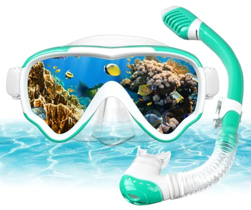 AOOSA Mascara Buceo+Tubo de Snorkel Set para Niños, Vidrio Templado Antivaho Gafas de Buceo, Panorámicas Antifugas con Vista Amplia Kit de Snorkel para Natación y Viajes (Verde)