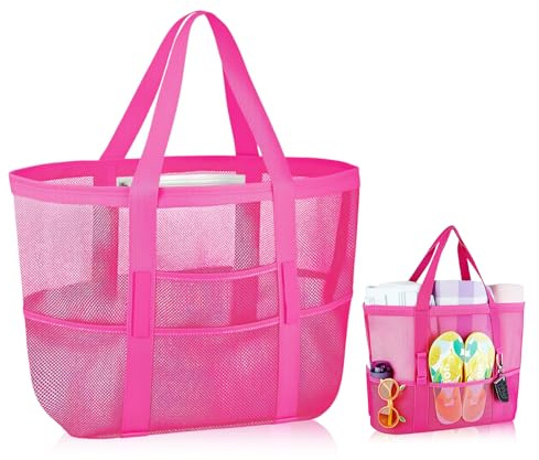 CIYIN Strandväska i mesh, stor strandväska XXL familj, shopper stor badväska med vattentät väska, lätt strandväska för pool, semester och strand (43 x 21 x 39 cm), ROSA, 43 cm x 21 cm x 39 cm