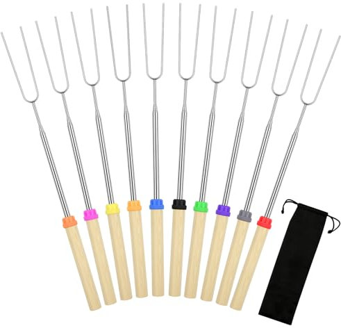 10 Pack Smores Sticks, 32 Inch Marshmallow Roasting Sticks for Fire Pit, Extendable Roasting Skewers with Bag, Hot Dog Fork, Smores Kit for Campfire Camping Essentials