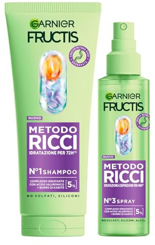 Garnier Fructis Metodo Ricci Set Shampoo 200ml + Spray Idratante 150ml con Acido Ialuronico e Burro di Karité per Ricci Forti Idratati ed Elastici Formula Vegana - Set da 2