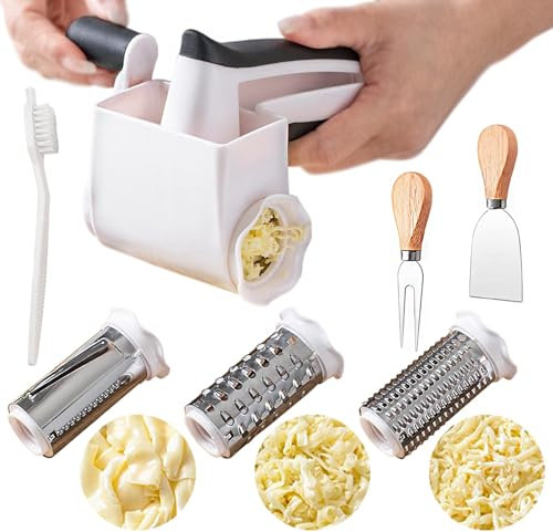 Râpe à fromage avec poignée, râpe à fromage rotative avec 3 tambours en acier inoxydable et 2 outils à fromage et brosse de nettoyage, design ergonomique, peut être utilisée pour râper le parmesan, le