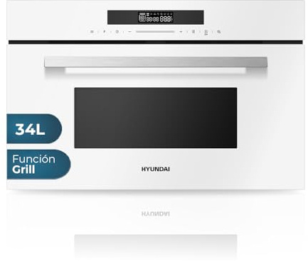 Hyundai Microondas 34 Litros Integrable con Grill Cristal blanco HHMW3414DGW00. 900W, Grill 1100W, 11 Programas, Modo Descongelación, Revestimiento Interior, Fácil Limpieza, Temporizador 95min.