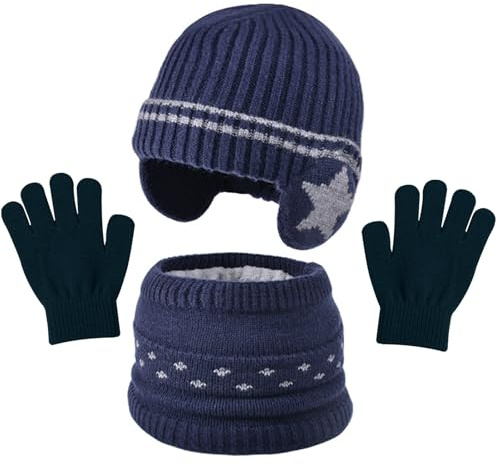 KASESSS 3 Piezas 3 in 1 Conjunto de Gorro Bufanda y Guantes Niños, Niños Sombrero Caliente de Punto con Forro Polar, Calentador de Cuello, Invierno Cálidos Beanie para Niño y Niñas de 3 a 7 Años