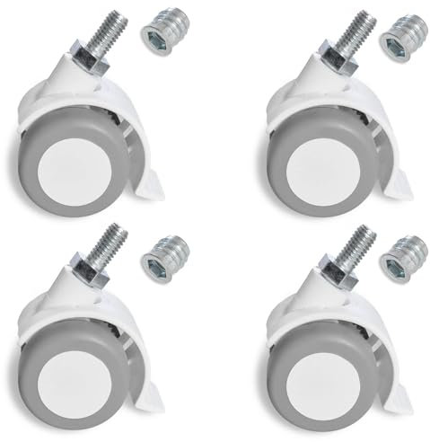 Sämann 4er Set Möbelrolle weiß Gummirolle Lenkrolle Laufrolle Hartbodenrolle Drehstuhl mit Gewindeschraube M8 und Gewindehülse M8 x 15 mm