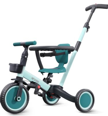 newyoo TR008 Toddler Push Tricycle, Toddler Bike for 1-3 Years Olds, Birthday Gift for Boys and Girls, 5 in 1 Balance Bike with Handle, Kids Trike with Safe Bar, Green