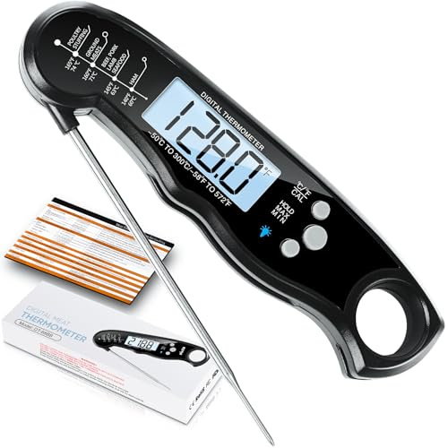 Digital Meat Thermometer, Waterproof Instant Read Food Thermometer for Cooking and Grilling, Kitchen Gadgets, Accessories with Backlight & Calibration for Candy, BBQ Grill, Liquids, Beef, Turkey…