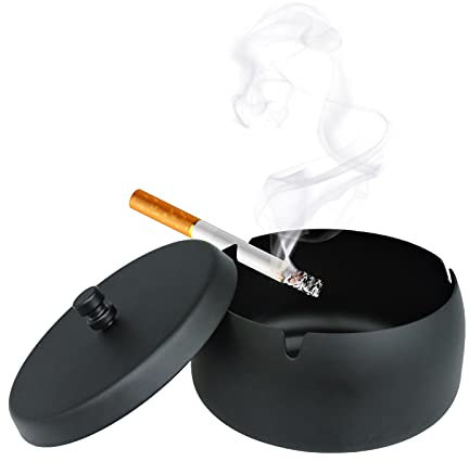 Andiker Metal Ashtrays with Lid, Non-Slip Windproof Smell Proof Ashtray for Cigarette, Tabletop Stainless Steel Ash Trays Black for Home Office and Indoor