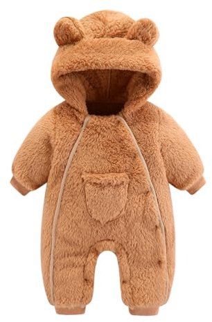 Älva baby luva snödräkt nyfödd baby varm sparkdräkt fleece snödräkt tecknad flanell dragkedja jumpsuit tunn höst vinterkläder, Tunn brun, 3-6 Months
