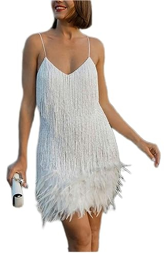 AYAZER Nuovo Mini Abito Sexy in Nappa con Paillettes e Piume Abito da Donna con Spalline Sottili e Cuciture-Bianco LYQ63-M