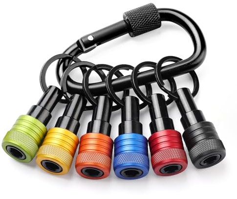 Enhanced Non-Slip Upgrade Drill Bit Holder Key Chain 6pc, 1/4 Bit Holder for Impact Driver, Quick-Change Design for Nut Driver, Screwdriver & Drill Bits, Includes Handy Keychain Carabiner