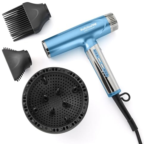 BaBylissPRO Nano Titanium Light Ionic High-Speed Hair Dryer with Diffuser, Portable Travel Blow Dryer, Professional Styling Tool Set, 9 Heat/Speed Settings, Dual Voltage, for All Hair Types