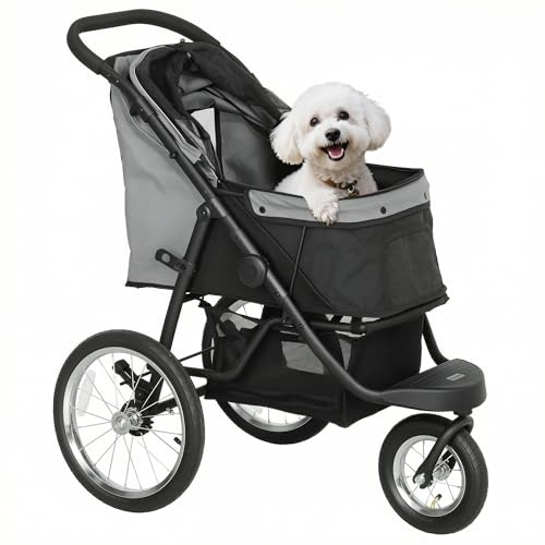 PawHut Poussette pour chien pliable en un clic, poussette chat avec panier de rangement, coussin lavable, laisse de sécurité, grandes roues en caoutchouc et auvent réglable, gris