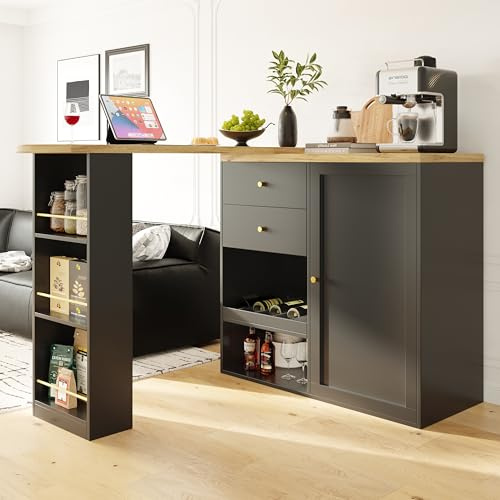 Merax Mesa de bar extensible con espacio de almacenamiento, mesa de bar móvil giratoria 360°, isla de cocina con 2 cajones y armario de puerta corredera, 3 niveles de espacio de almacenamiento abierto