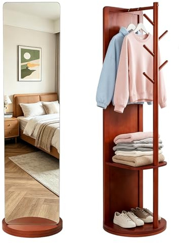 GFEMTH Specchio a Figura Intera Girevole 360°, Specchio da Terra Intero in Legno Massello, con Guardaroba, Design Salvaspazio, per Camera da Letto e Soggiorno e Guardaroba, (Marrone Retrò, A)