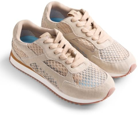 GIOSEPPO Roxas - Zapatillas Deportivas Monocolor para Mujer con Piel Serraje y Rejilla Superpuesta, Plantilla Acolchada y Suela Flexible de TPR, Doble Cordón, Color Beige, Talla 39