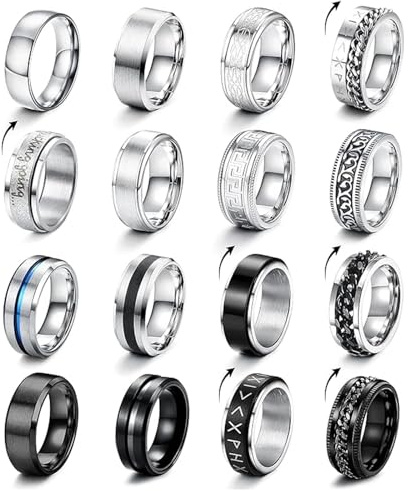 JSTHHTT 16 Piezas Anillos Hombre Plata Negro Anillos Giratorios Anillo Antiansiedad Banda Cadena Giratorio Anillo Alivio del Estrés Anti Fidget, 8mm Ancho