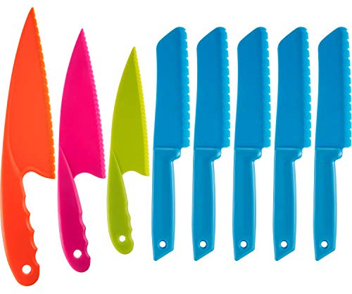 JOVITEC 8 Pcs Kid Cooking Kitchen Knife Set, Plastic Serrated Edges Children's Safe Chef Nylon Knives for Cutting Fruit Bread Cake Salad Lettuce Kids Cooking Supply(Blue Square Knife)