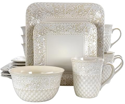 Elama Ivory Lotus 16 Piece Square Dinnerware Set