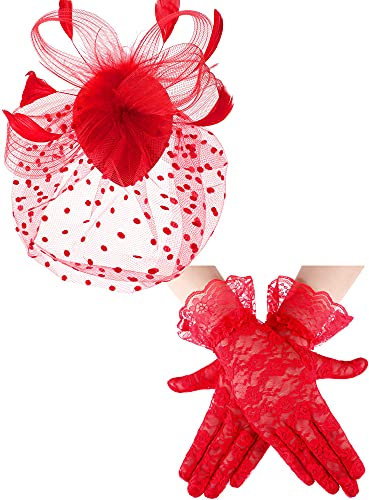 SATINIOR Fascinator für Damen, 50er-Jahre-Fascinator, Schleierhut, Teeparty-Hut und Handschuhe, Pillbox, Cocktail-Hut, Rot/Ausflug, einfarbig (Getaway Solids), Medium