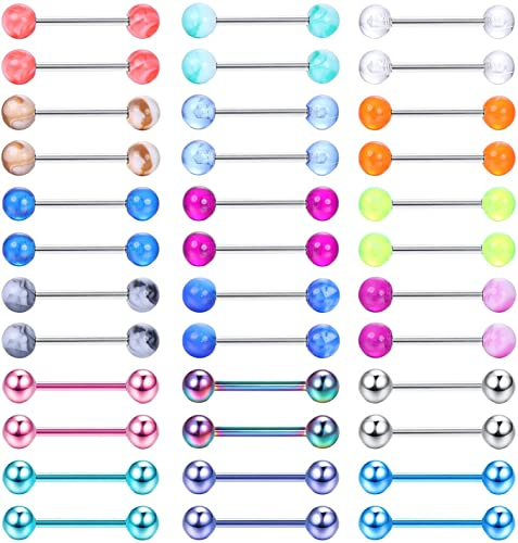 CASSIECA 36Pcs 14G Nipple Bars for Women Nipple Piercing Jewellery Stainless Steel Hypoallergenic Multicolor Nipple Piercings 14mm