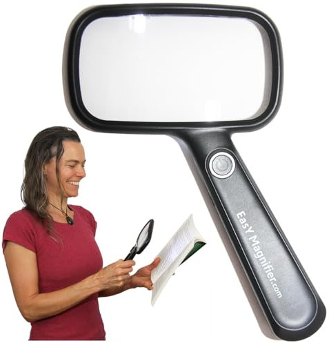 EasY Magnifier Magnifying Glass 2.0X with LED Light for Reading - Large hand-held Magnification with Battery and USB charging cable; Rechargeable Magnify Glasses as a visual aid and practical gift