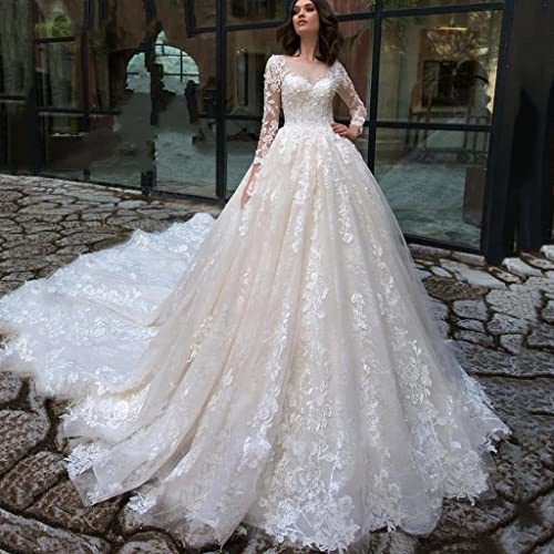 CongMing-huajia Abiti da Sposa con Manica Lunga Ricamati in Pizzo, Abiti da Sposa in Pizzo Francese Abiti da Sera Personalizzati da Donna Plus Size Bianco White 42