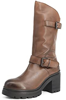 QUEEN HELENA Stivali Biker di Pelle Stivaletti con Tacco Plateau Zip Laterale Donna QH22L267 (Marrone, Numeric_36)