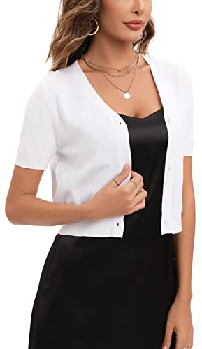 Yukiuiny Women's Elegant Knit Cardigan Cropped Short Sleeve Shrugs for Spring Summer Autumn, Coat Mini Jacket Bolero for Weddings Party-Short Sleeve-White/M