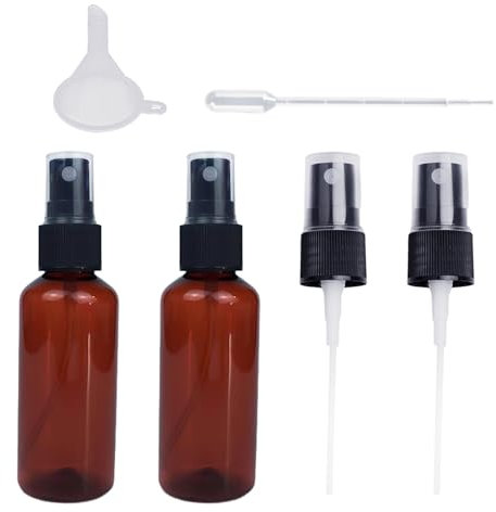 MAXQUU 2 empty 60ml amber plastic spray bottles with 2 spray tips, 1 funnel, 1ml plastic dropper, essential oil perfume hairspray spray bottle set