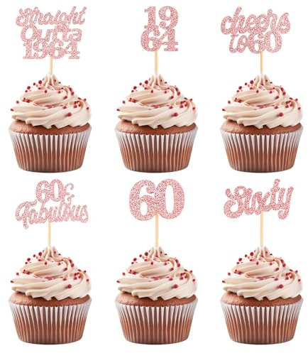 ALEGRE 24 Stück Tortendeko 60 Geburtstag Frau Mann,Straight Outta 1964 Cupcake Topper 60 Geburtstag,Glitzer 60 Geburtstag Deko Kuchen,Roségold Muffin Deko für 60 Geburtstag Party Supplies