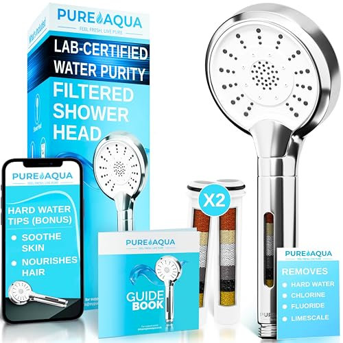 PUREAQUA 10 Power Stage Hard Water Filter Shower Head (Soothes Skin & Hair) | X2 Filters (1 Year+) | 3 Spray Settings | Water Softener Shower Head | High Pressure Shower Heads | Shower Filter UK Brand