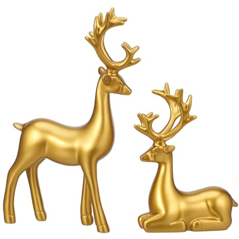 TOPBATHY 2pcs Christmas Reindeer Figurines Gold Christmas Elk Statues Gold Reindeer Sculpture Set for Xmas Decorations, Bedroom, Bathroom, Bookshelf, Desktop, Cabinets