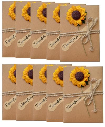 KGDUYC 10 Stück Getrocknete Blumen Grußkarten mit Kraft umschlag, Geburtstagskarten, Sonnenblume von Blumen, Handgefertigte Grußkarten, Dankskarten, 105 * 71mm