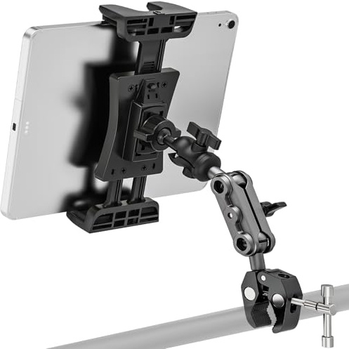 JUBORUI Soporte Tableta para Bicicleta Estatica, Rotación 360° Soporte Tablet para Cinta de Correr con Brazo de Metal, Soportes Tablet Micrófono para iPad Pro Air Mini 4.7-12.9 Tablets