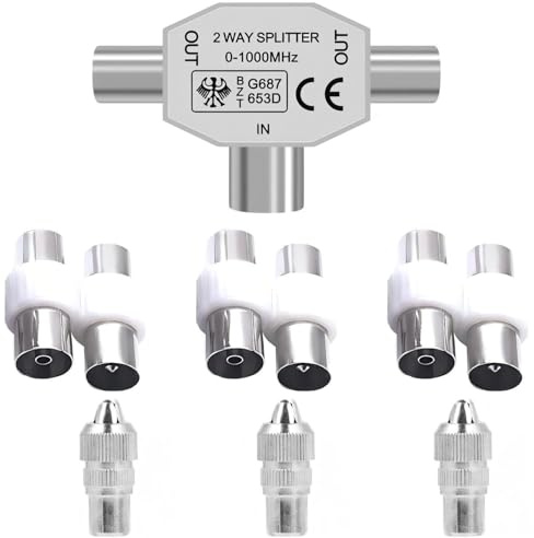 TV Aerial Splitter – 2-Way Coaxial Splitter (1 Female to 2 Male) with 7 TV Aerial Connector Adapters – Compatible with Cable TV & Antenna – Shielded Metal Housing & Signal Booster