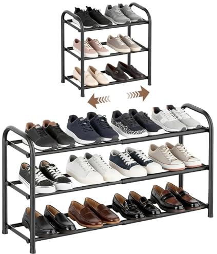 NBOUOU Three Tier Adjustable Small Shoe Rack Storage, Sturdy Shoe Racks for Closet Entryway, Expandable Show Rack Small 82.5 x 22.4 x 35 cm Suitable Corridors, Wardrobes, and Corner Spaces