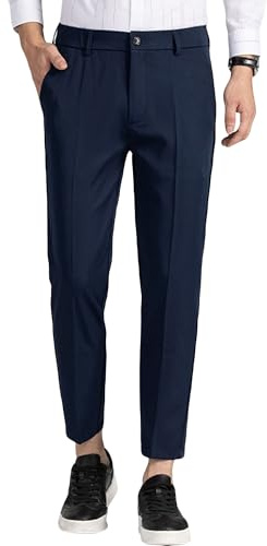 Mens Ankle-Length Dress Pants Casual Slim Fit Cropped Trousers Classic Flat Front Business Suit Pant, Blue, 34