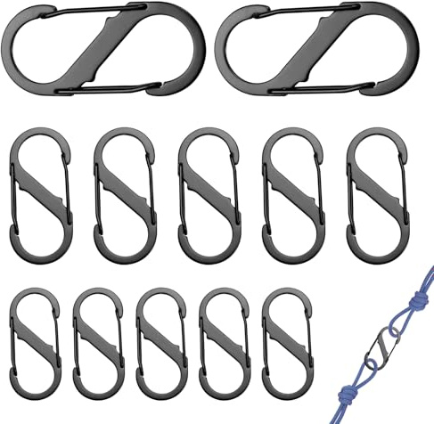 12 Stück S Karabiner Set, 50mm/40mm/31mm Metall Doppelkarabiner, 8 Förmiger Karabiner Edelstahl Karabinerhaken, Schlüsselanhänger mit Doppelter Federöffnung für Camping Zuhause Wandern (Schwarz)
