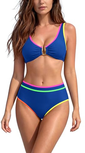 SHEKINI Womens High Waisted Bikini Set V Neck Color Block Swimsuit Blue